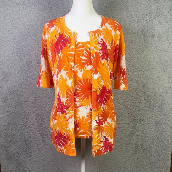 Lafayette 148 NY Cardigan Sweater Top Set Womens Small Orange Fall Leaves Button - Picture 2 of 13